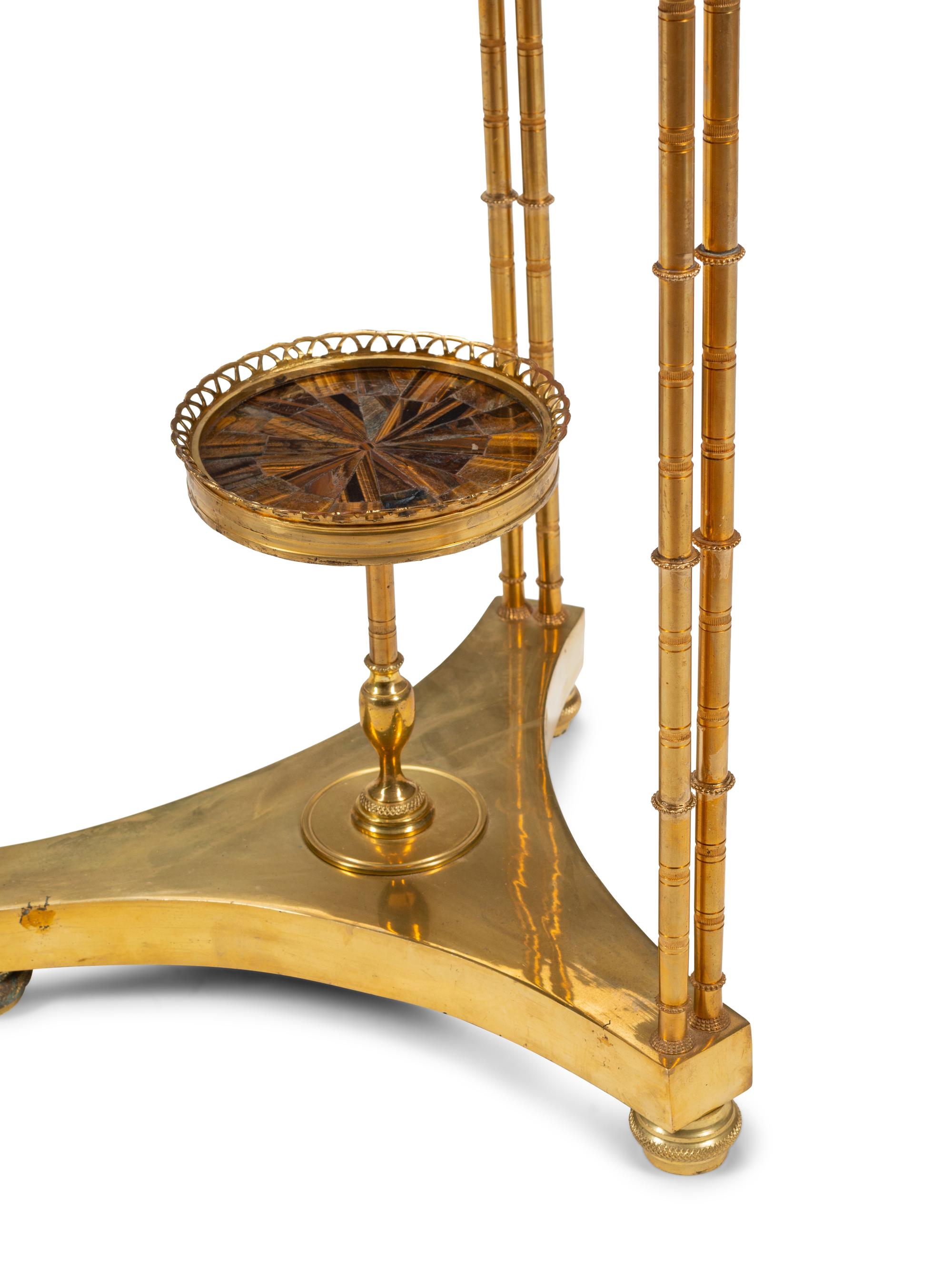 A Pair of Louis XVI Style Gilt Bronze and Tiger's Eye Tables in the Manner of Adam Weisweiler