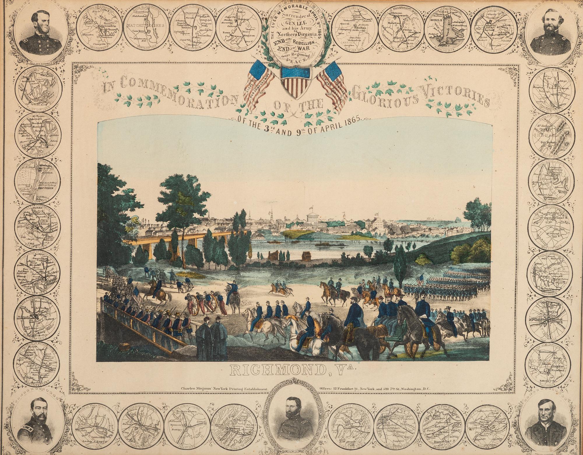 [CIVIL WAR]. MAGNUS, Charles (1826-1900), lithographer. In Commemoration of the Glorious Victories of the 3 and 9 April 1865, at Richmond, VA.