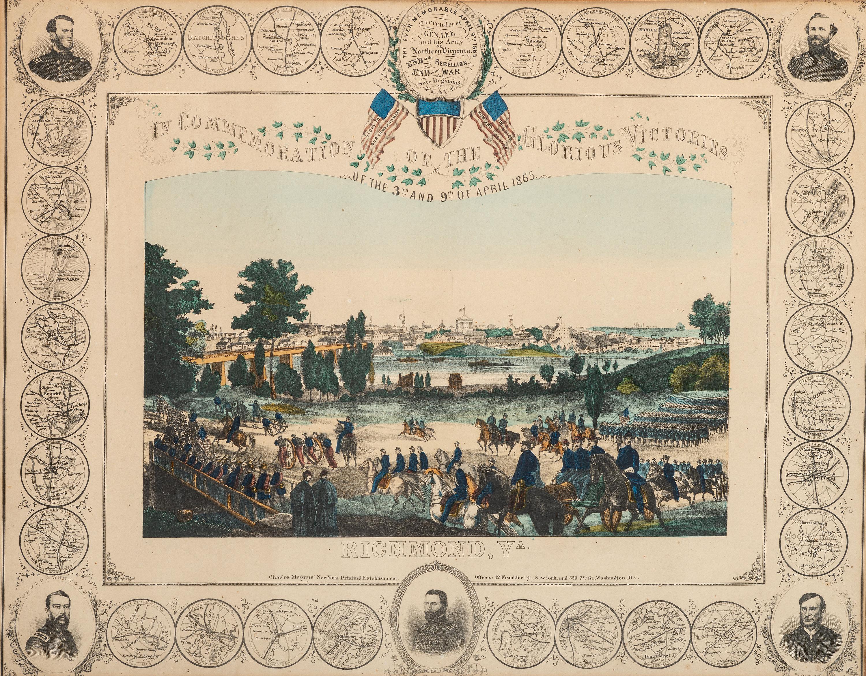 [CIVIL WAR]. MAGNUS, Charles (1826-1900), lithographer. In Commemoration of the Glorious Victories of the 3 and 9 April 1865, at Richmond, VA.