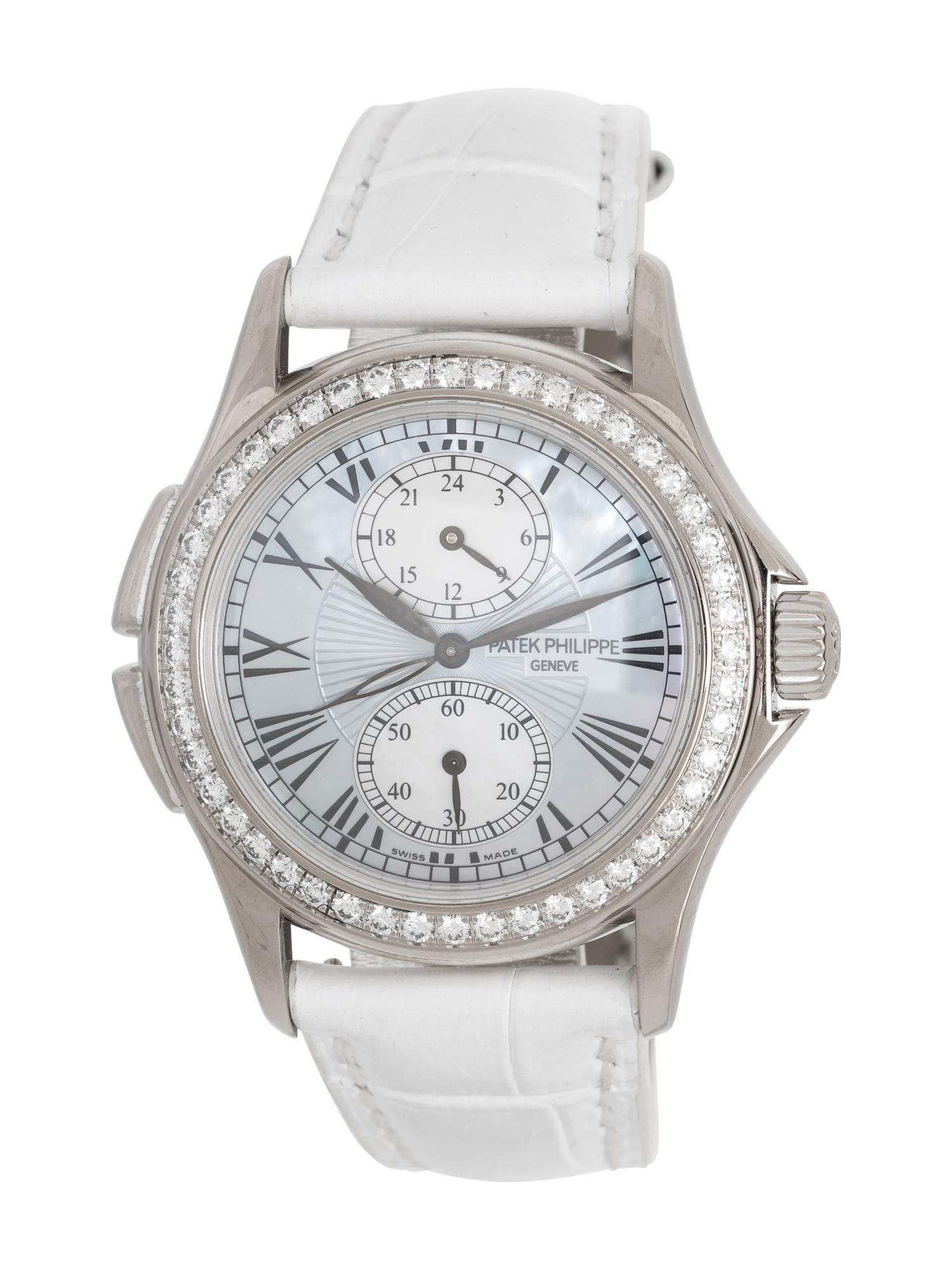 PATEK PHILIPPE, REF. 4934G 18K WHITE GOLD, MOTHER-OF-PEARL AND DIAMOND 'CALATRAVA' 'TRAVEL TIME' WATCH, WITH PATEK EXTRACT
