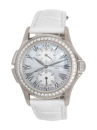 PATEK PHILIPPE, REF. 4934G 18K WHITE GOLD, MOTHER-OF-PEARL AND DIAMOND 'CALATRAVA' 'TRAVEL TIME' WATCH, WITH PATEK EXTRACT