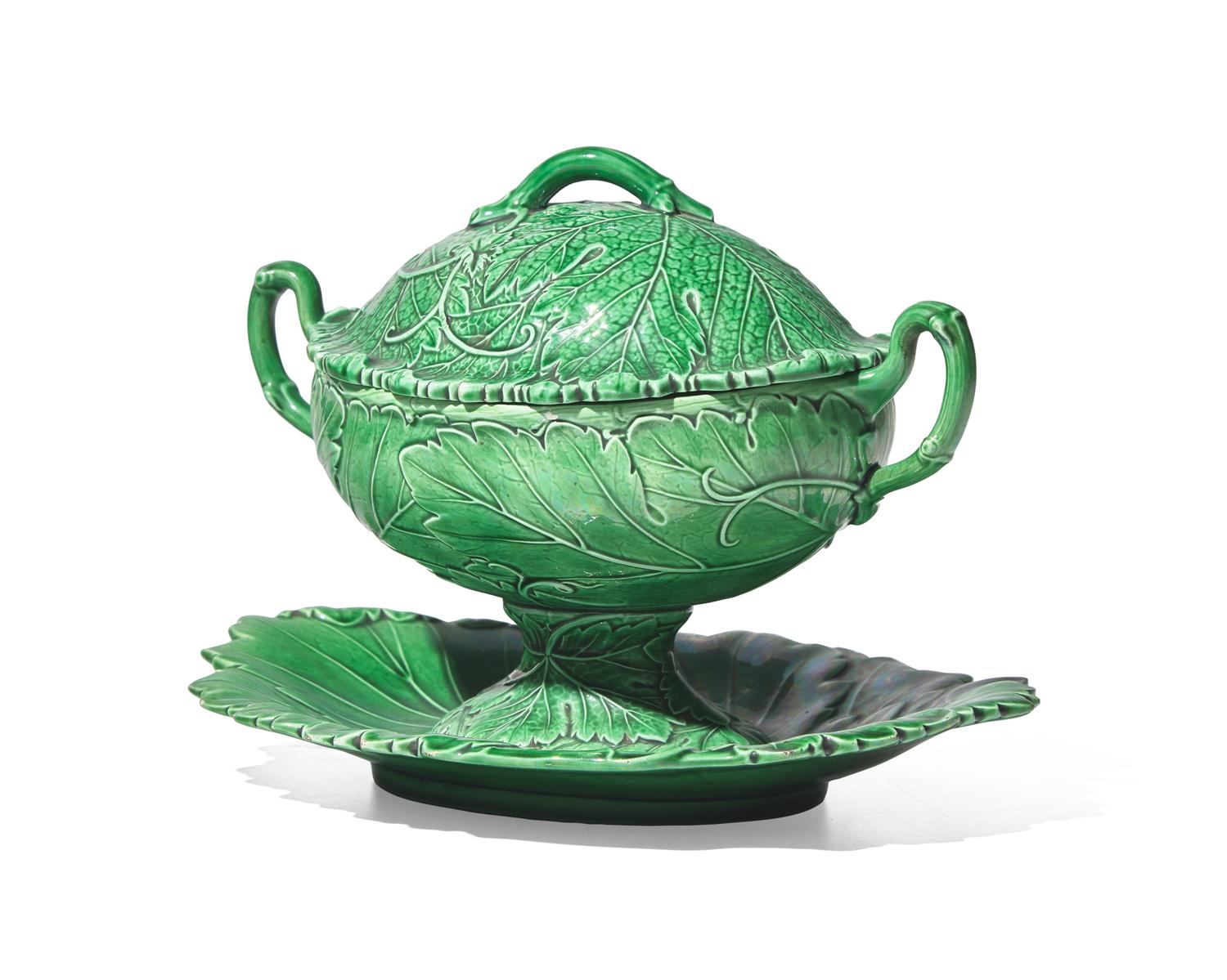 A Wedgwood Majolica Cabbage Covered Sauce Tureen and Undertray