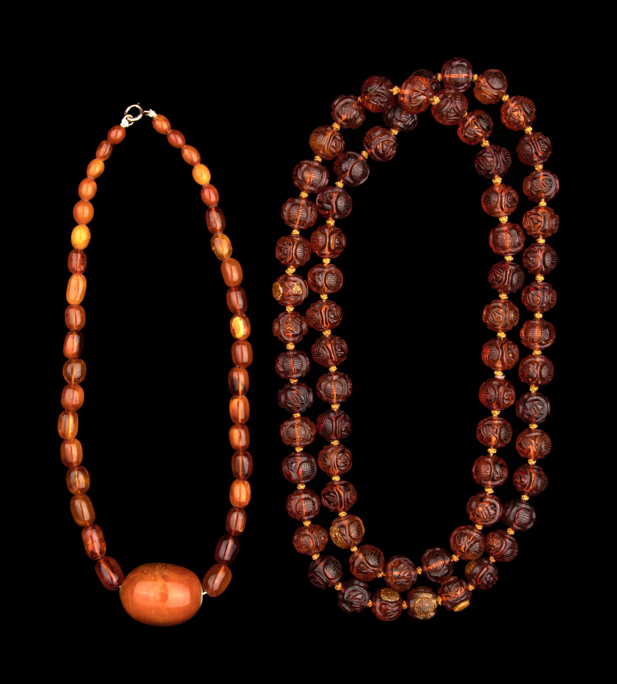 Two Chinese Amber Beaded Necklaces