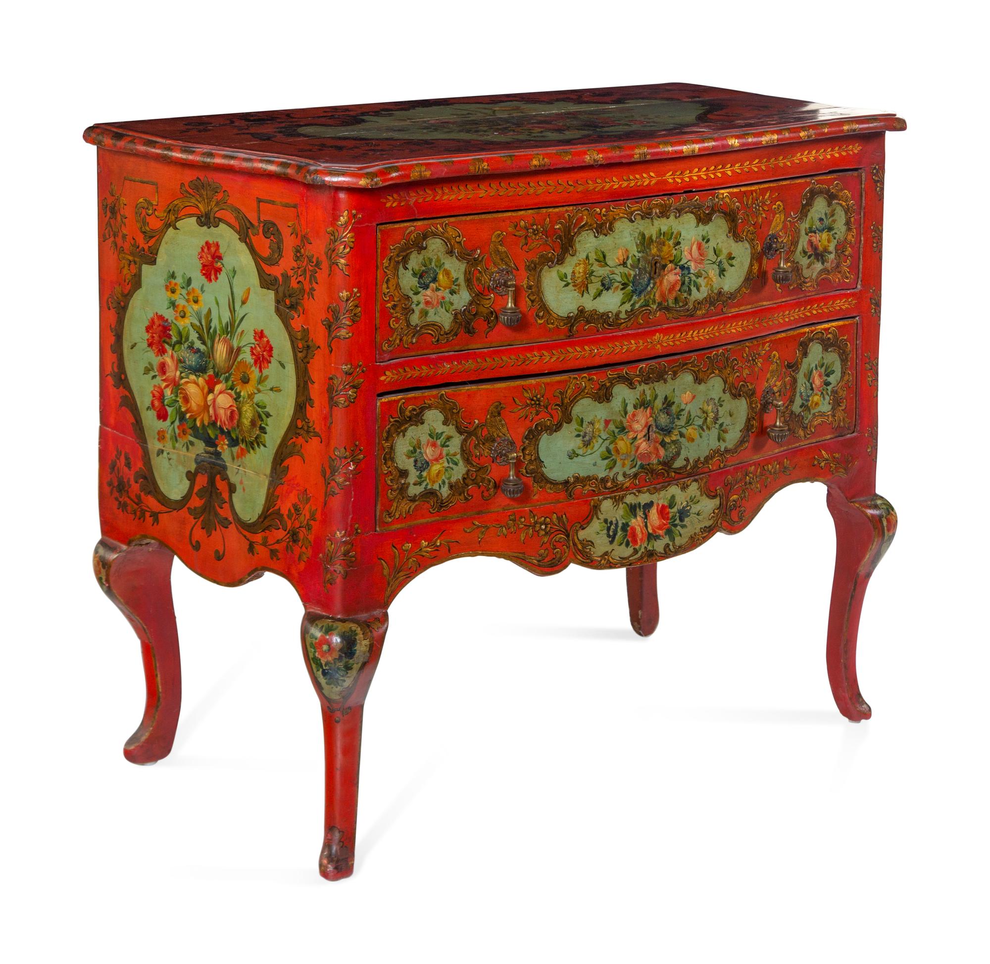 A Venetian Parcel Gilt and Polychrome Decorated Commode