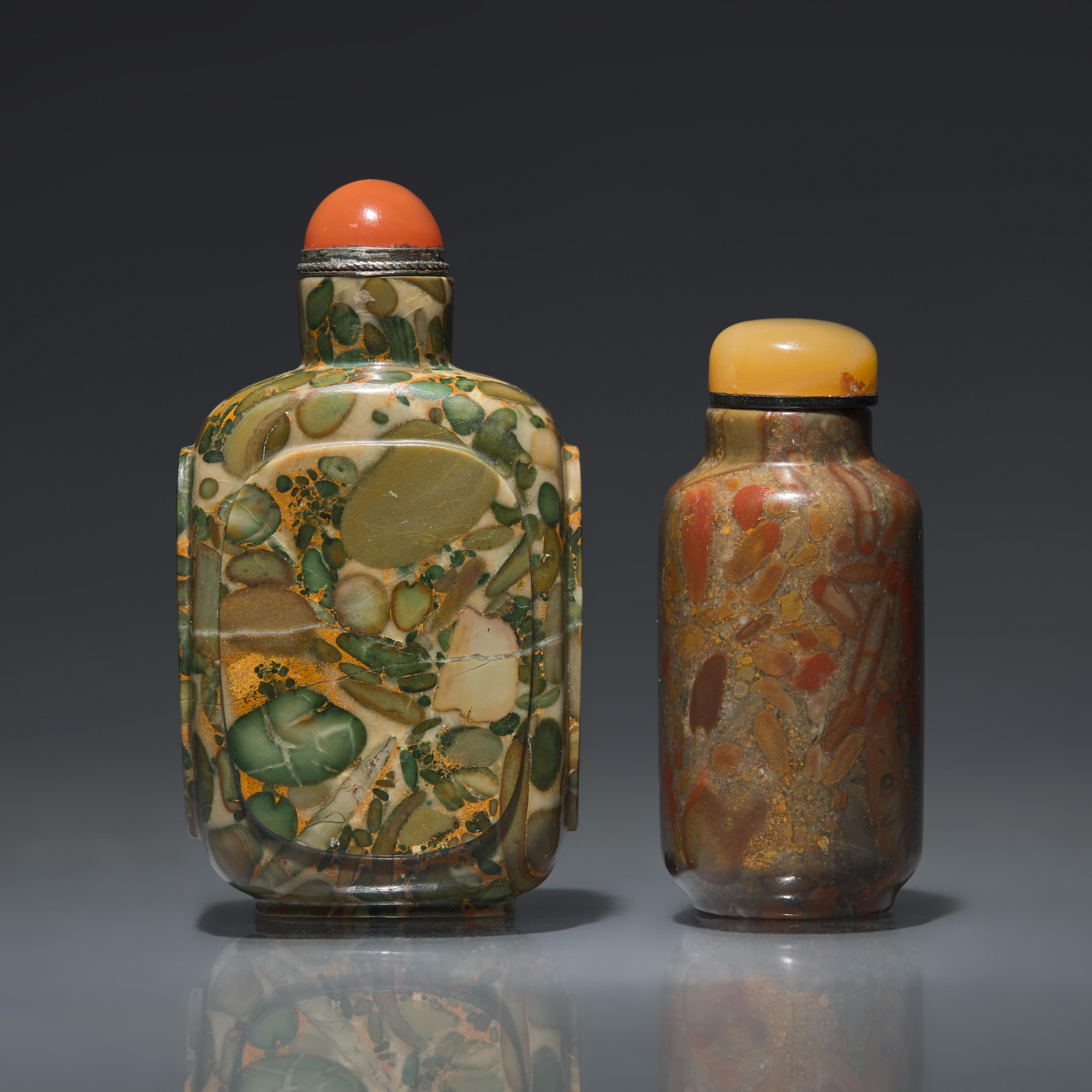 Two Chinese Puddingstone Snuff Bottles, Qing Dynasty, Circa 1750-1860