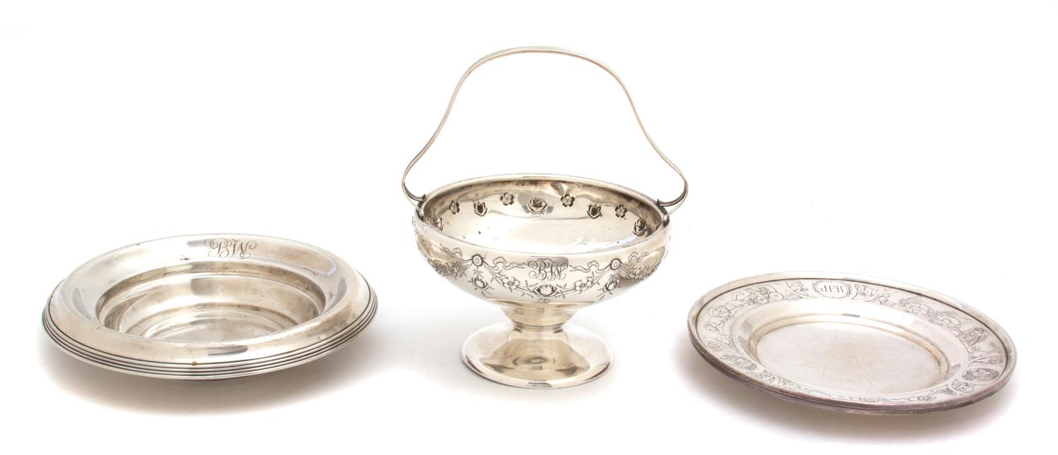 Four American Silver Articles, Various Makers, comprising a J. E. Caldwell small bowl, a Whiting footed bowl with fixed handle, and two