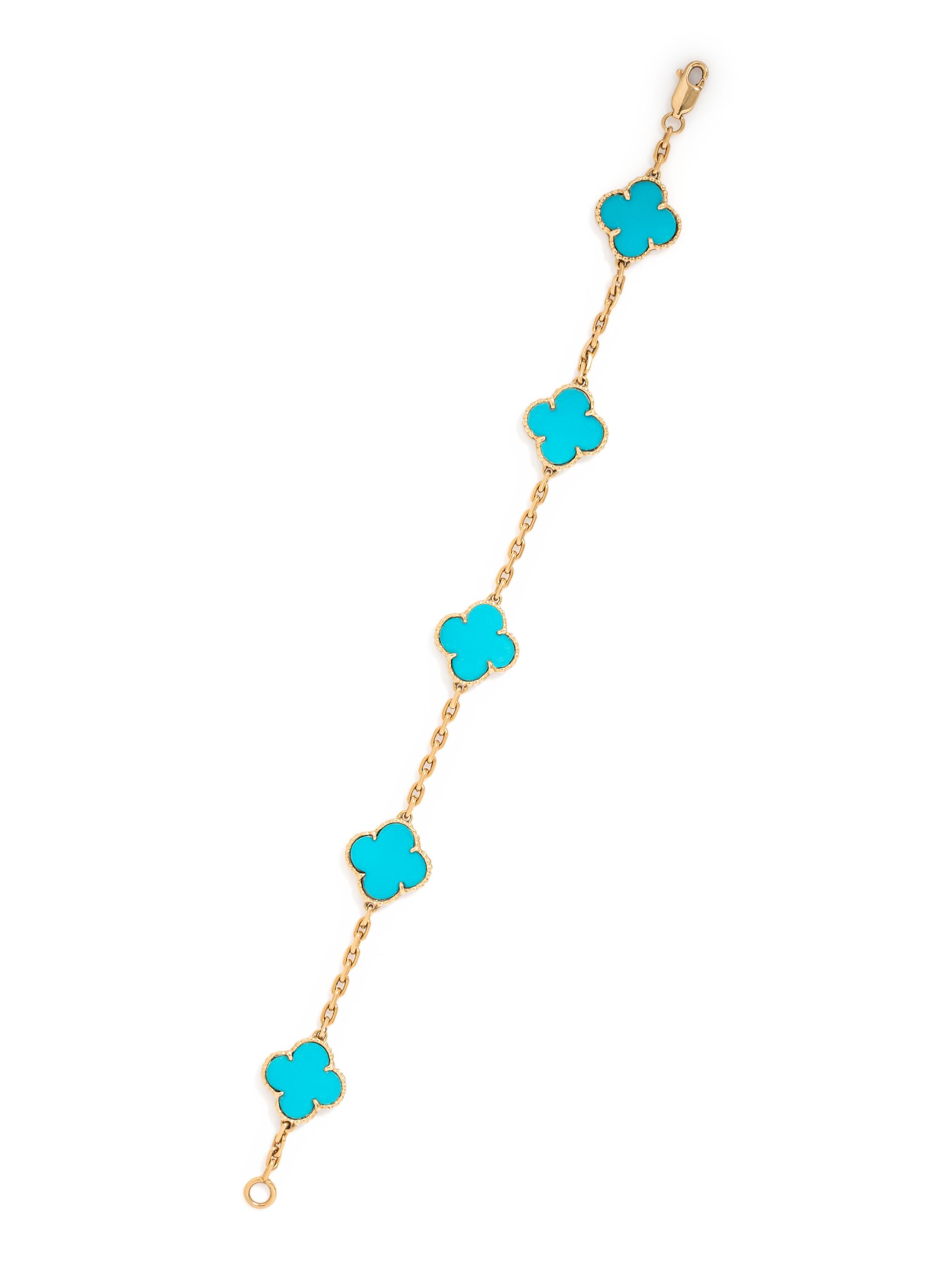 VAN CLEEF & ARPELS, YELLOW GOLD AND TURQUOISE 'ALHAMBRA' BRACELET