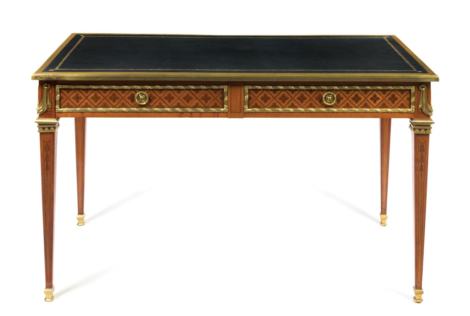 A Louis XVI Style Gilt Bronze Mounted Parquetry Bureau Plat Height 30 x width 49 x depth 25 inches. — ALFRED-EMMANUEL-LOUIS BEURDELEY, PARIS, CIRCA 1870