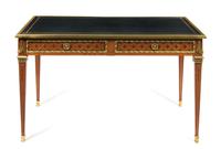 A Louis XVI Style Gilt Bronze Mounted Parquetry Bureau Plat Height 30 x width 49 x depth 25 inches. — ALFRED-EMMANUEL-LOUIS BEURDELEY, PARIS, CIRCA 1870