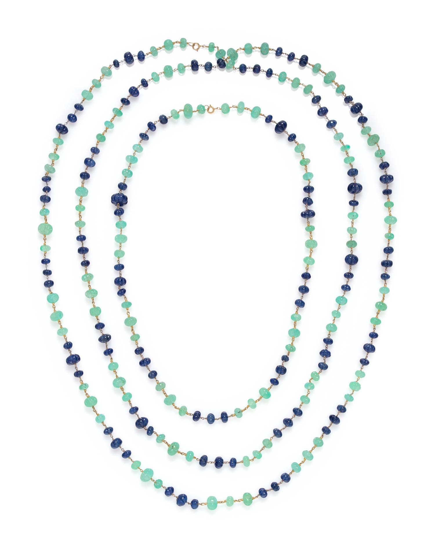 EMERALD AND SAPPHIRE CARVED BEAD NECKLACES