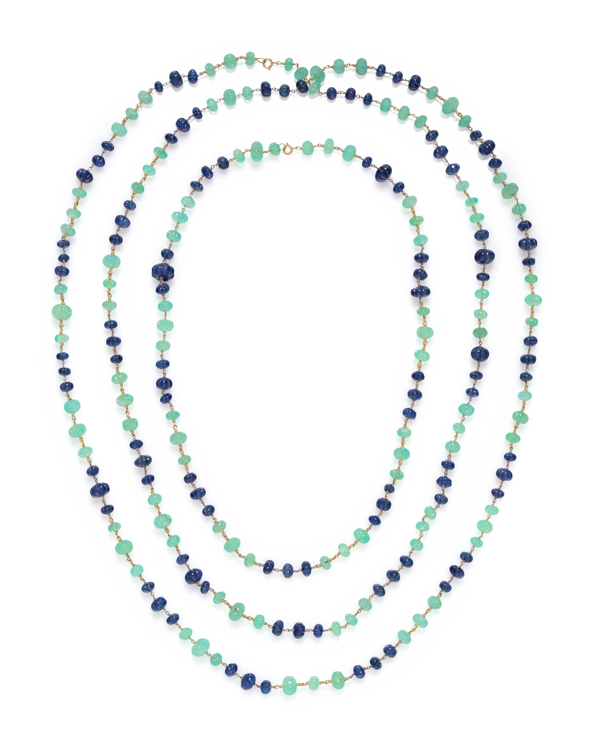 EMERALD AND SAPPHIRE CARVED BEAD NECKLACES