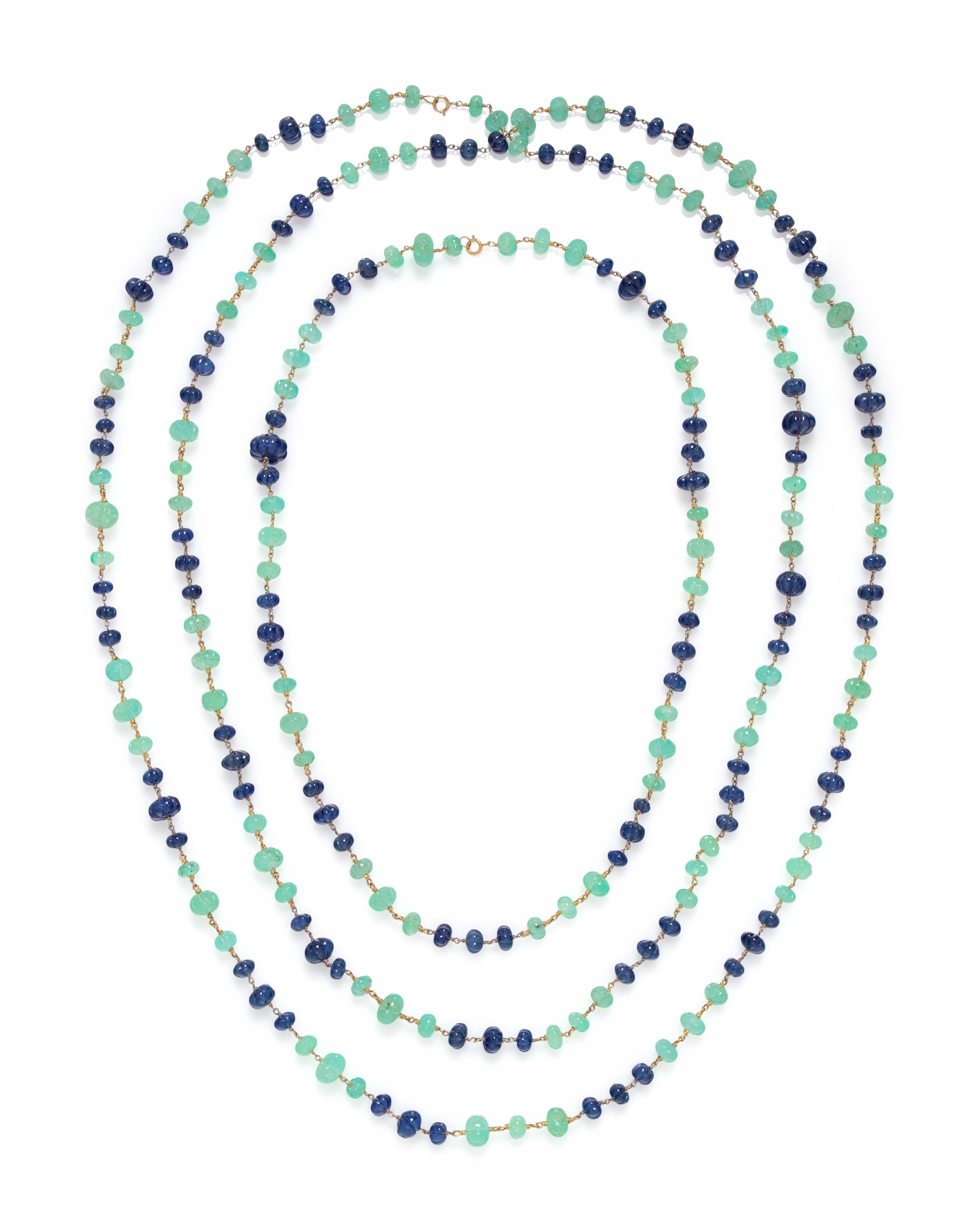 EMERALD AND SAPPHIRE CARVED BEAD NECKLACES