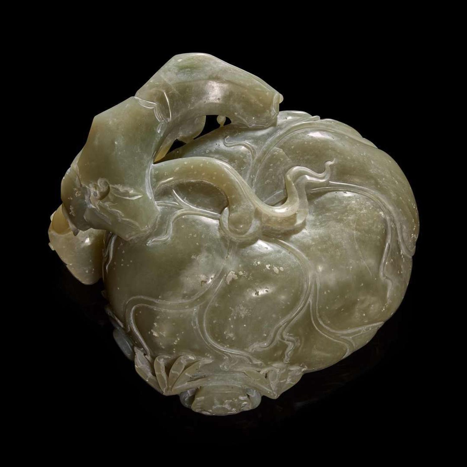 A Chinese carved greyish jade "Lotus, Crab and Fish" large brush washer 灰玉荷塘大洗子
