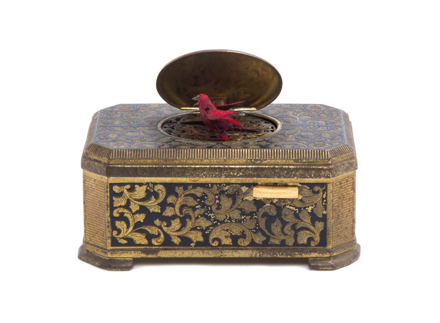 A German Gilt Metal Singing Bird Automaton Box, Emil Brenk, Width 4 1/4 inches.
