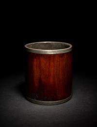 A Hardwood and Pewter Brushpot, Bitong