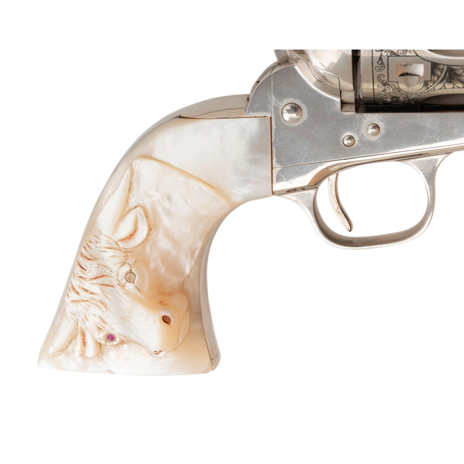 **1929 Production Colt Single Action Army with Raised Carved Mother of Pearl Steer's Head Grips in .45 Colt