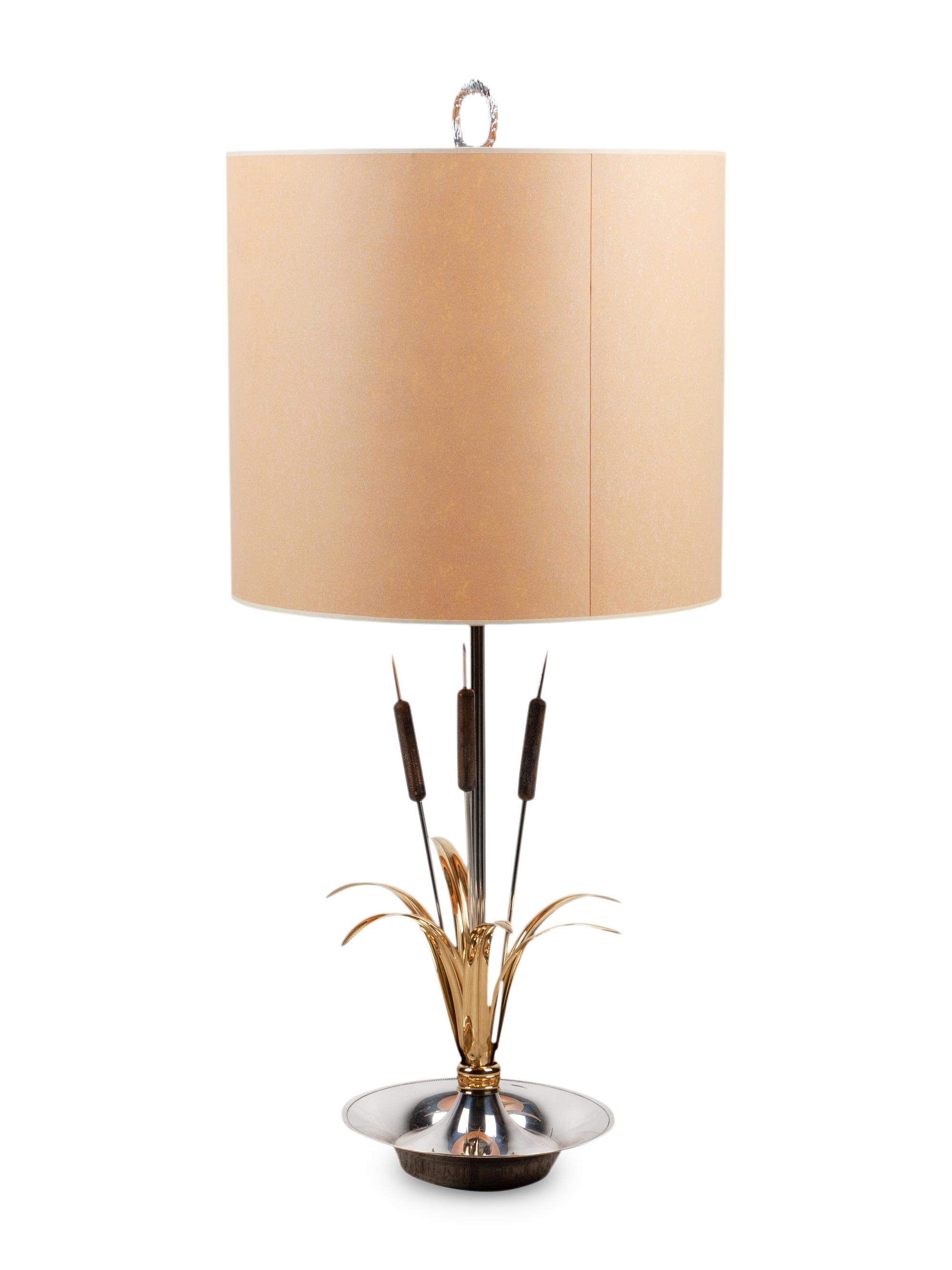 A Silvered and Gilt Metal "Cattail" Lamp in the Style of Maison Charles