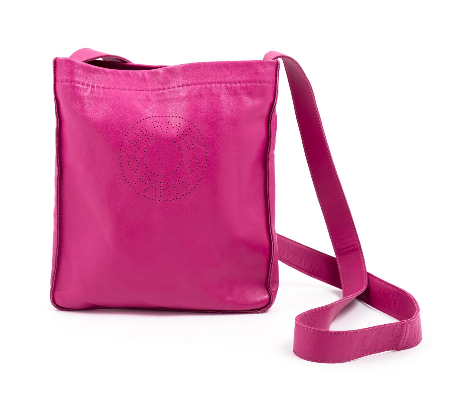 An Hermès Rose Tyrien Agneau Clou de Selle Pouch 8.75" H x 7.5" W x 1" D; Strap Drop: 20".