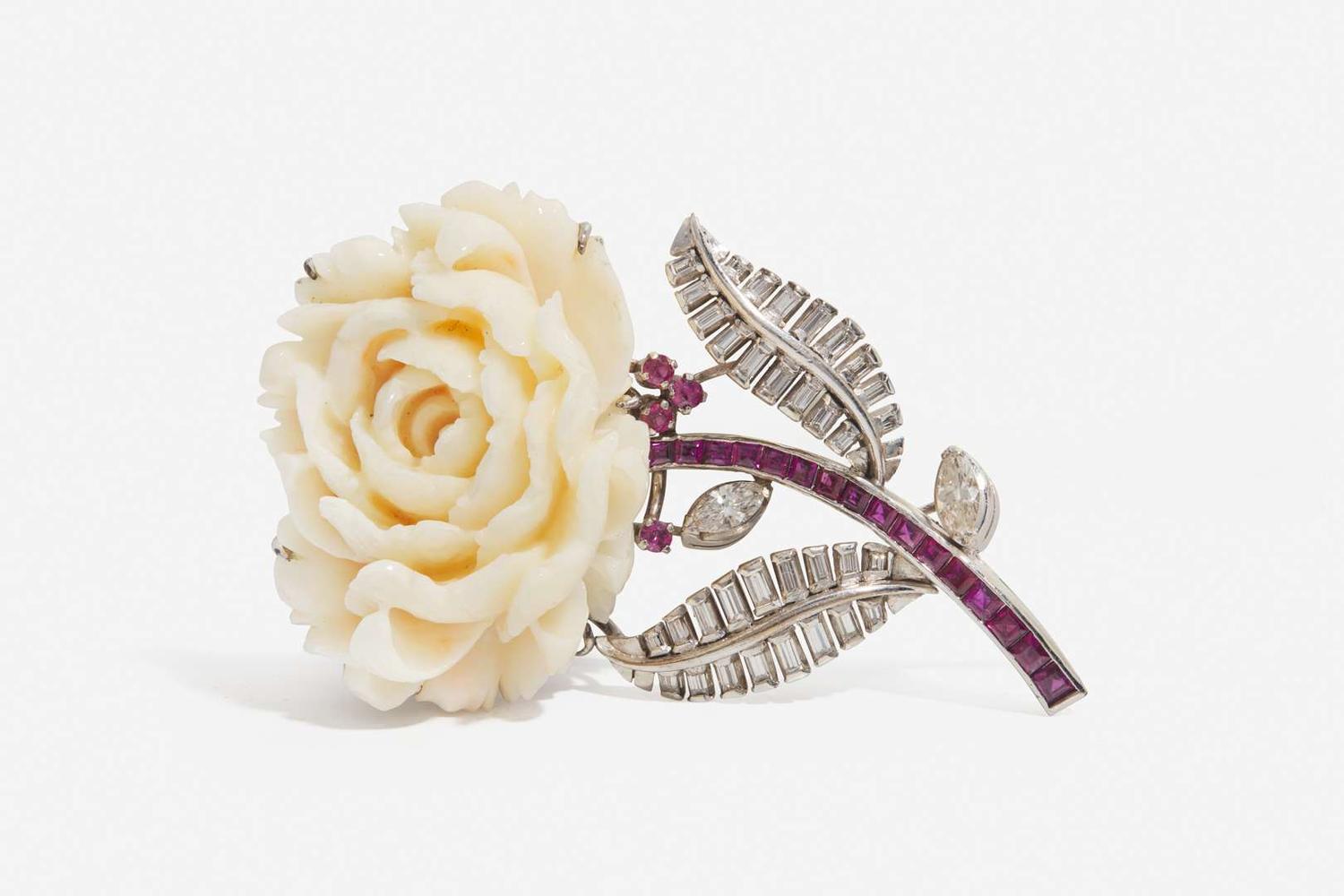 A White Gold, Coral, Diamond, and Ruby Flower Brooch