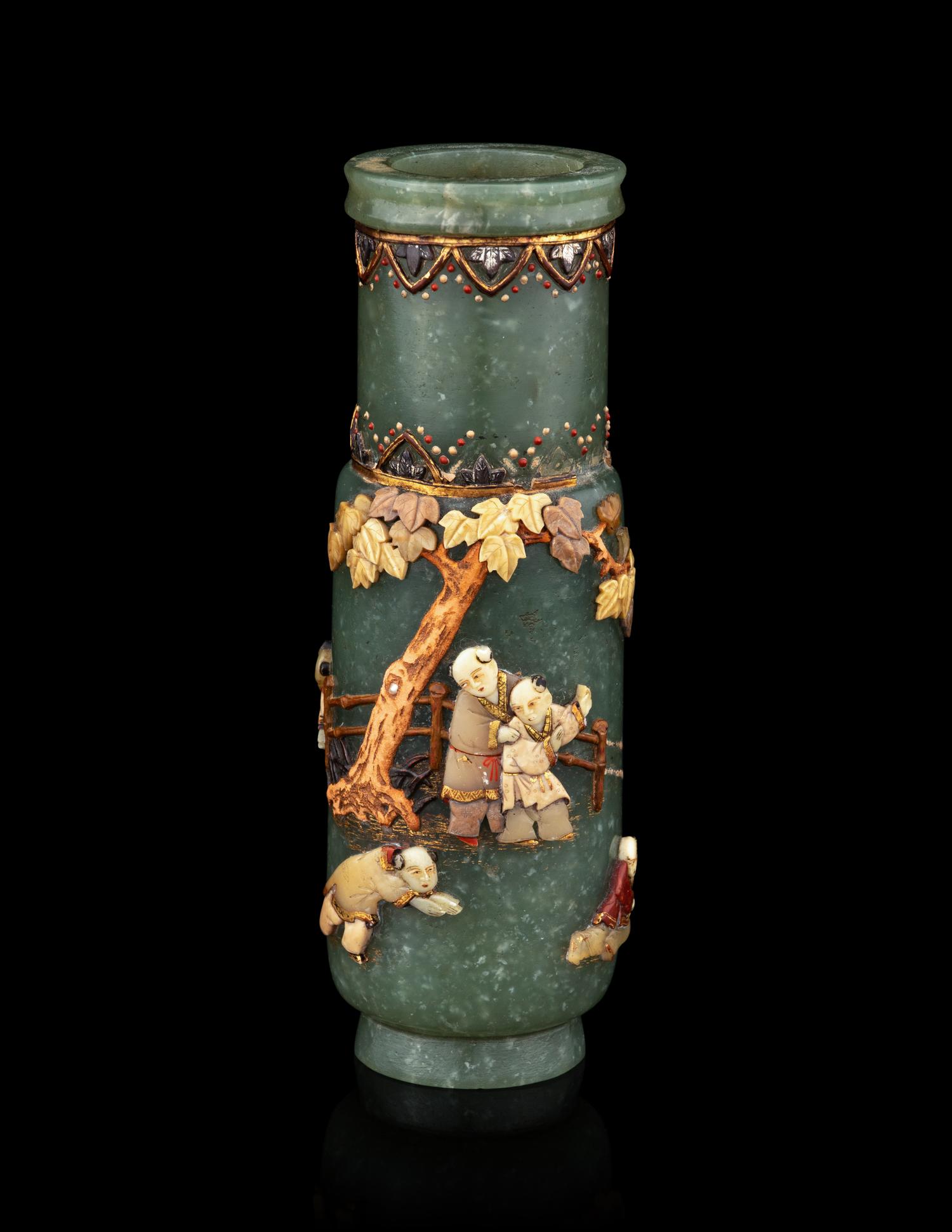 A Hardstone Embellished Spinach Jade Incense Vase