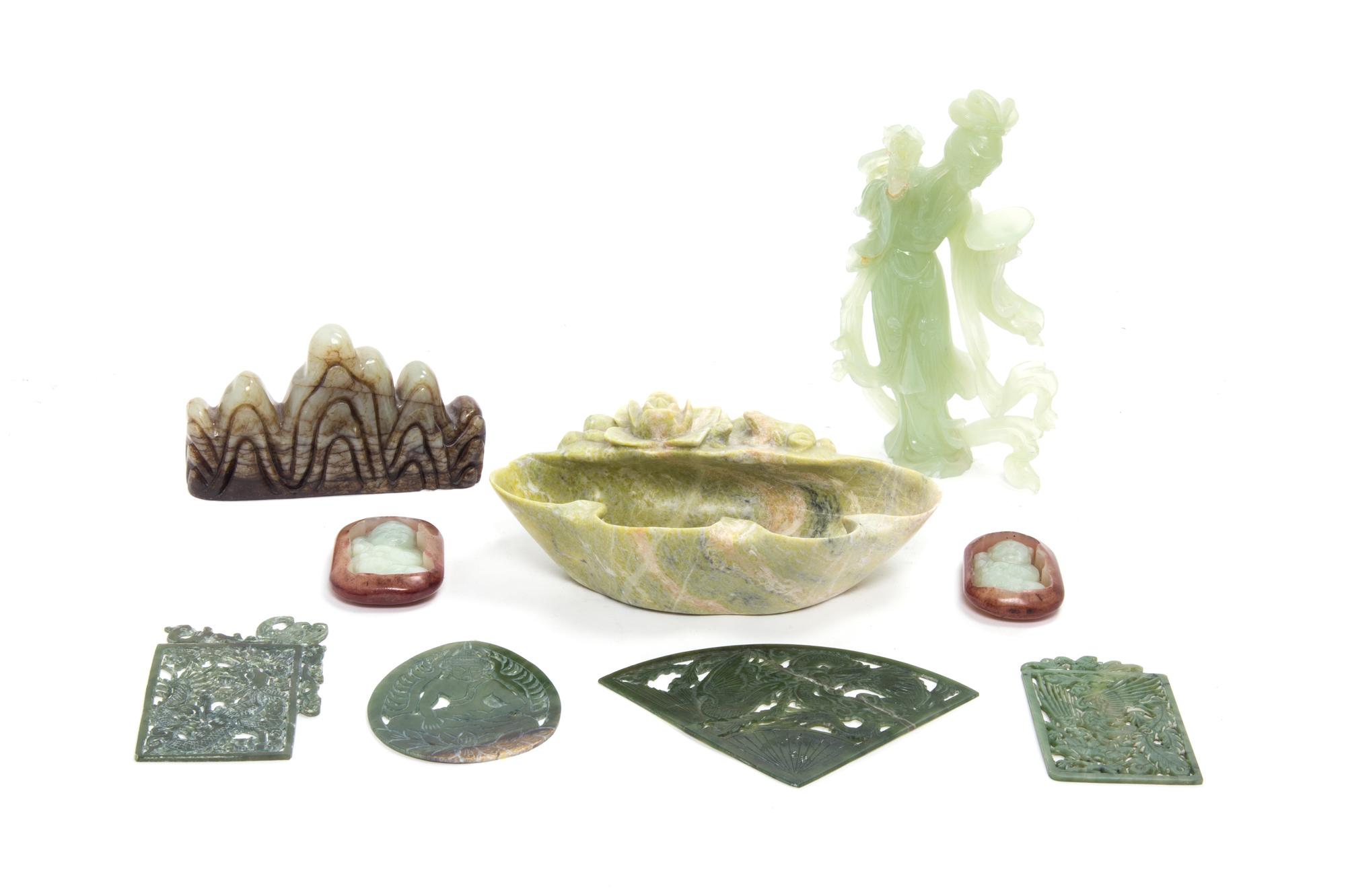 A Collection of Carved Hardstone Articles Height of tallest 7 1/4 inches.