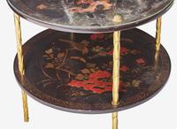 A pair of French Chinoiserie gilt bronze and lacquer two-tiered cocktail tables, attributed to Maison Baguès, mid-20th century