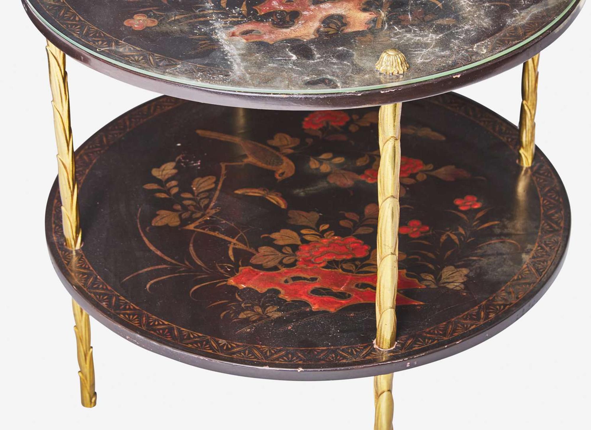 A pair of French Chinoiserie gilt bronze and lacquer two-tiered cocktail tables, attributed to Maison Baguès, mid-20th century