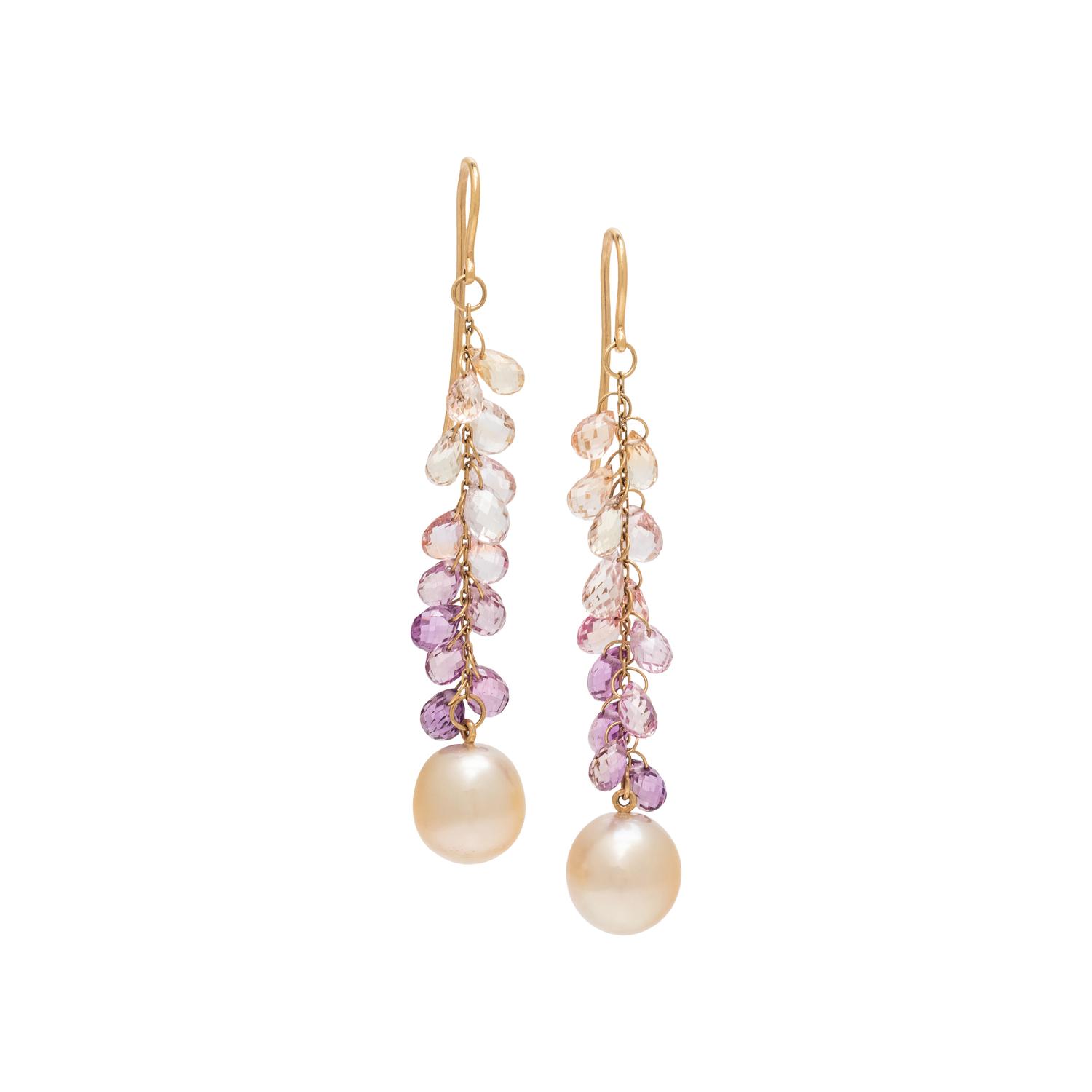 AUTORE, OMBRÉ SAPPHIRE BRIOLETTE AND SOUTH SEA CULTURED PEARL EARRINGS