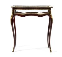 A French Transitional Style Gilt Metal Mounted Mahogany Vitrine Table, Height 33 1/8 x width 29 3/4 x depth 18 1/2 inches.