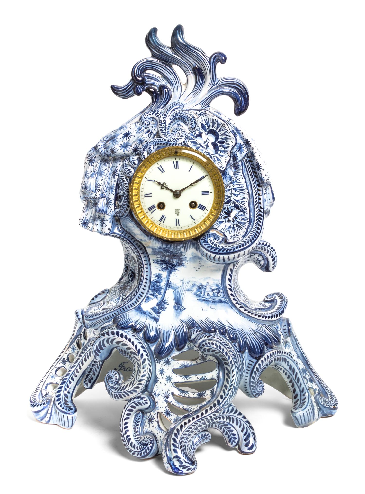 A French Ceramic Mantel Clock, Keller & Guerin, Height 20 inches.