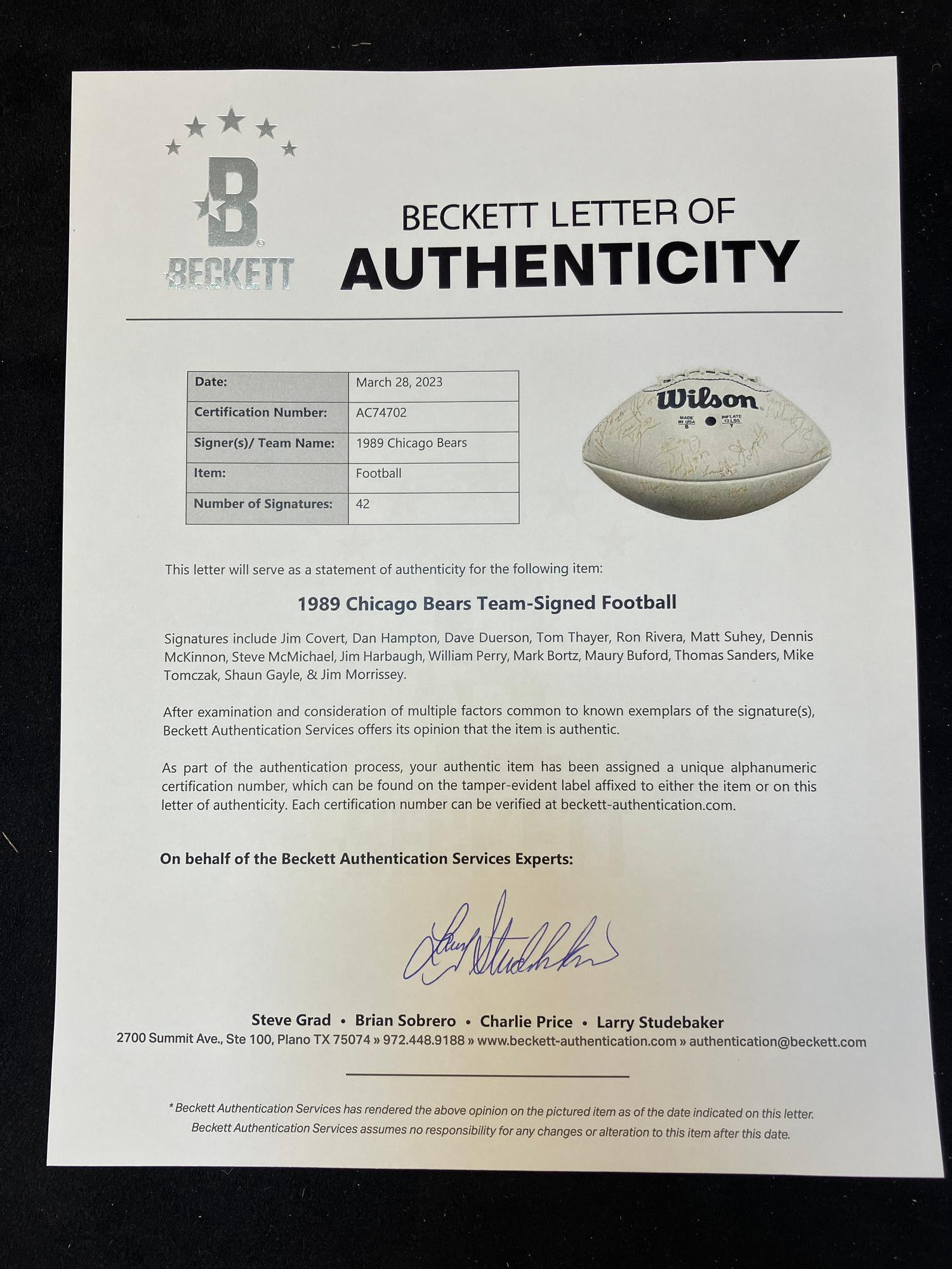 A 1989 Chicago Bears Team Signed Autograph Football from The Collection of Sports Super Agent Steve Zucker (Beckett Authentication Services Letter),
