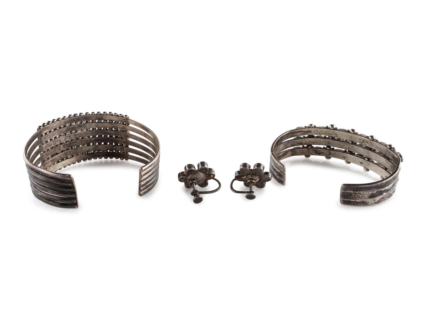 Navajo or Zuni Silver and Petit Point Turquoise Cluster Cuff Bracelets AND Screwback Earrings