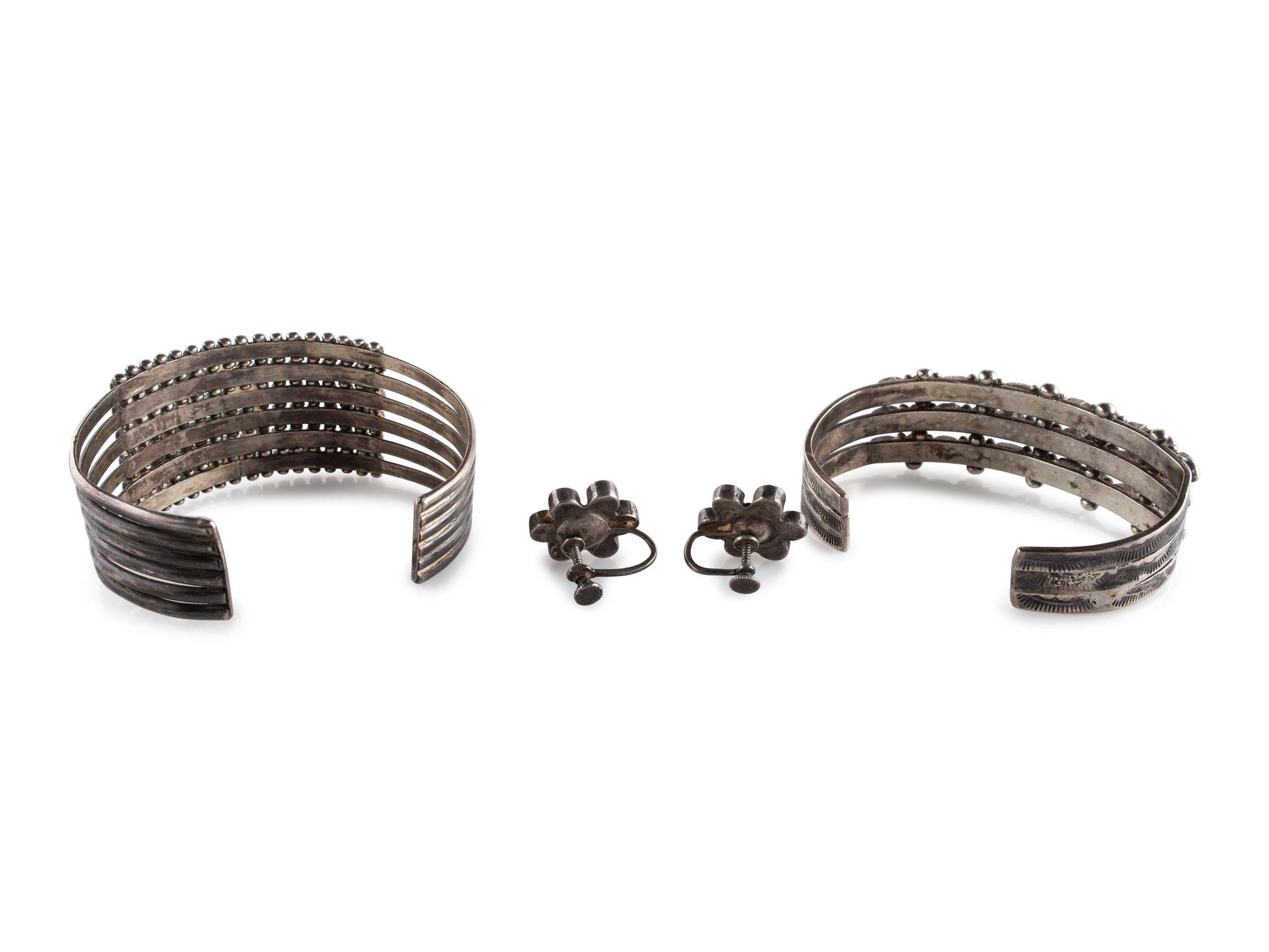 Navajo or Zuni Silver and Petit Point Turquoise Cluster Cuff Bracelets AND Screwback Earrings