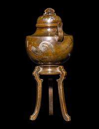 A Japanese Mixed-Metal Inlaid Shakudo Incense Burner, Late Meiji Period 日本明治時代晚期 赤銅三足香爐