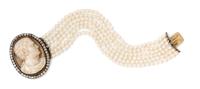 An Antique Silver Topped Gold, Hardstone Cameo, Diamond and Multistrand Pearl Bracelet, 15.10 dwts. (clasp only)