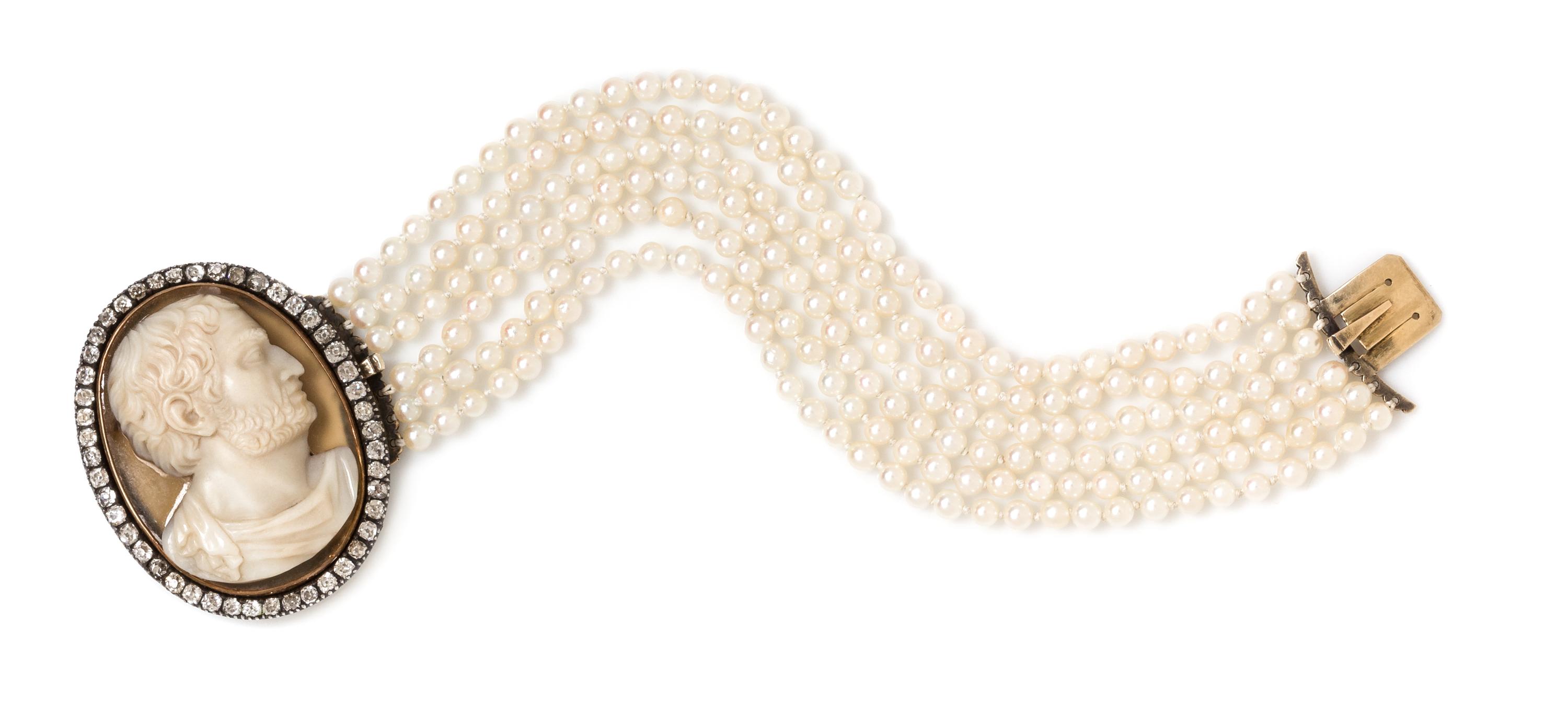 An Antique Silver Topped Gold, Hardstone Cameo, Diamond and Multistrand Pearl Bracelet, 15.10 dwts. (clasp only)