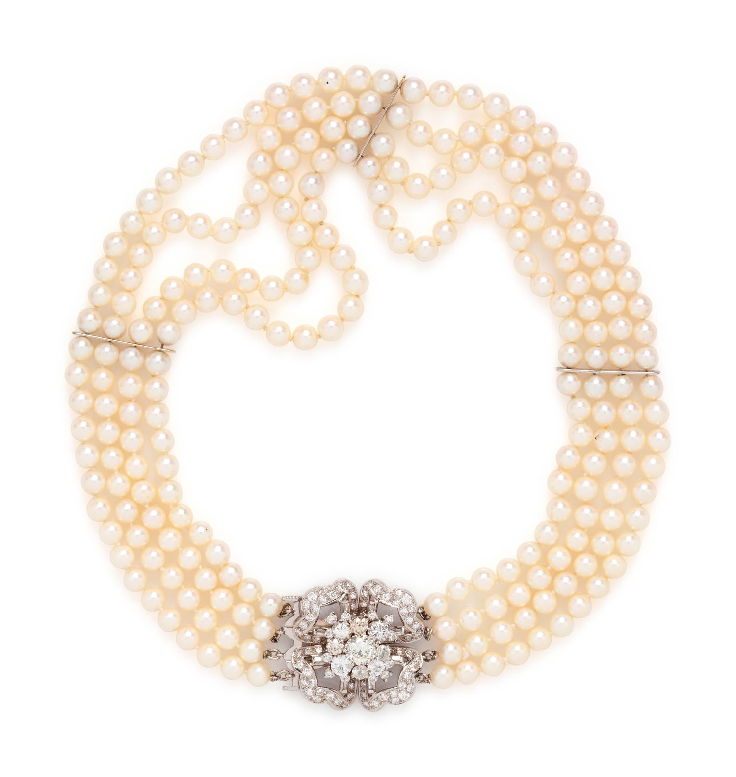CULTURED PEARL AND DIAMOND MULTISTRAND NECKLACE