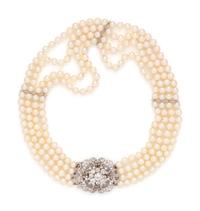 CULTURED PEARL AND DIAMOND MULTISTRAND NECKLACE