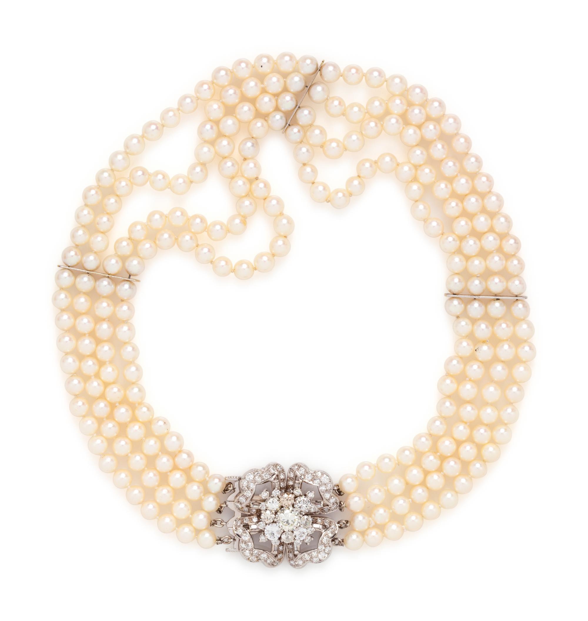 CULTURED PEARL AND DIAMOND MULTISTRAND NECKLACE