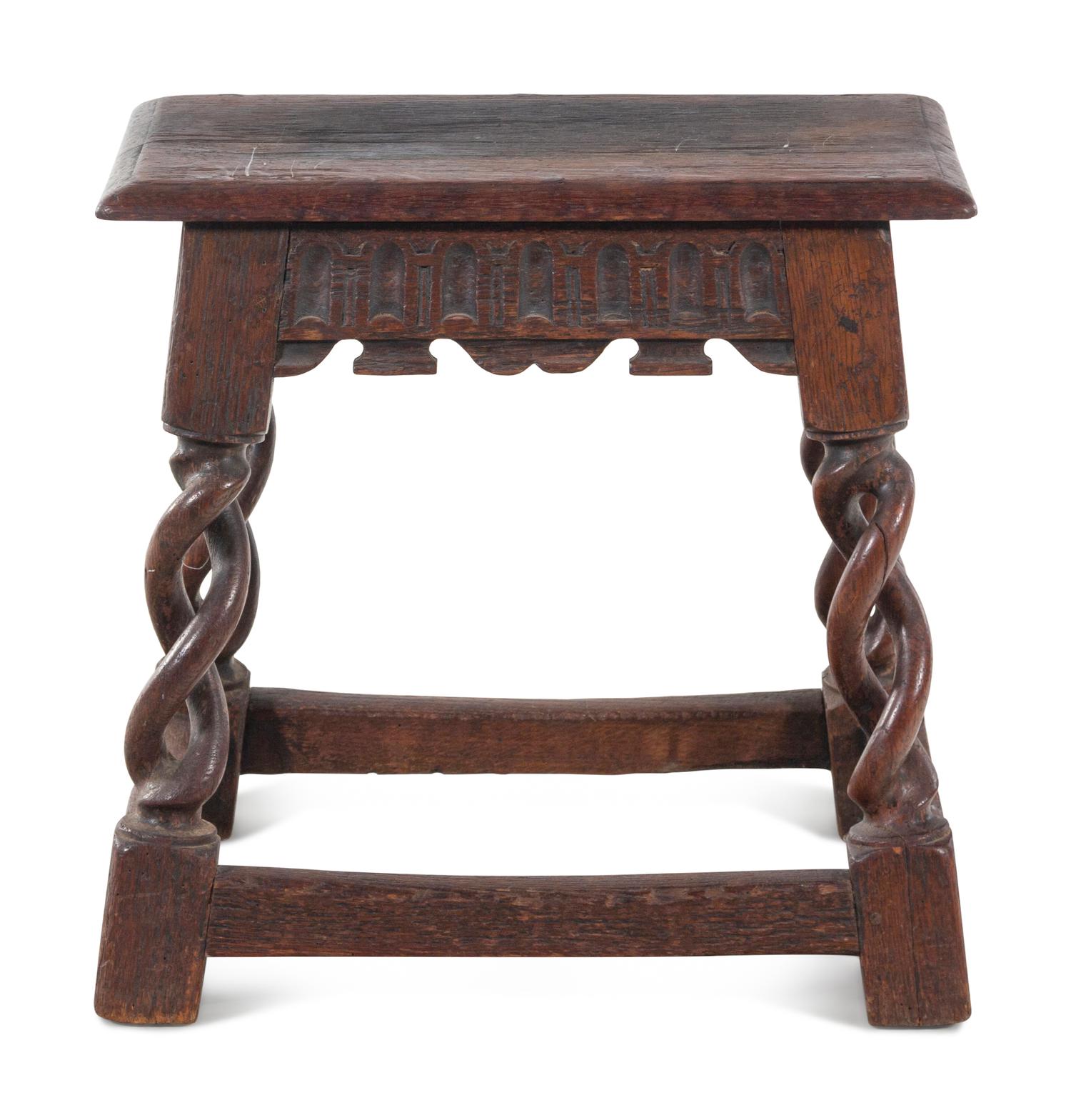A William and Mary Pierced Spiral Twist Carved Oak Stool