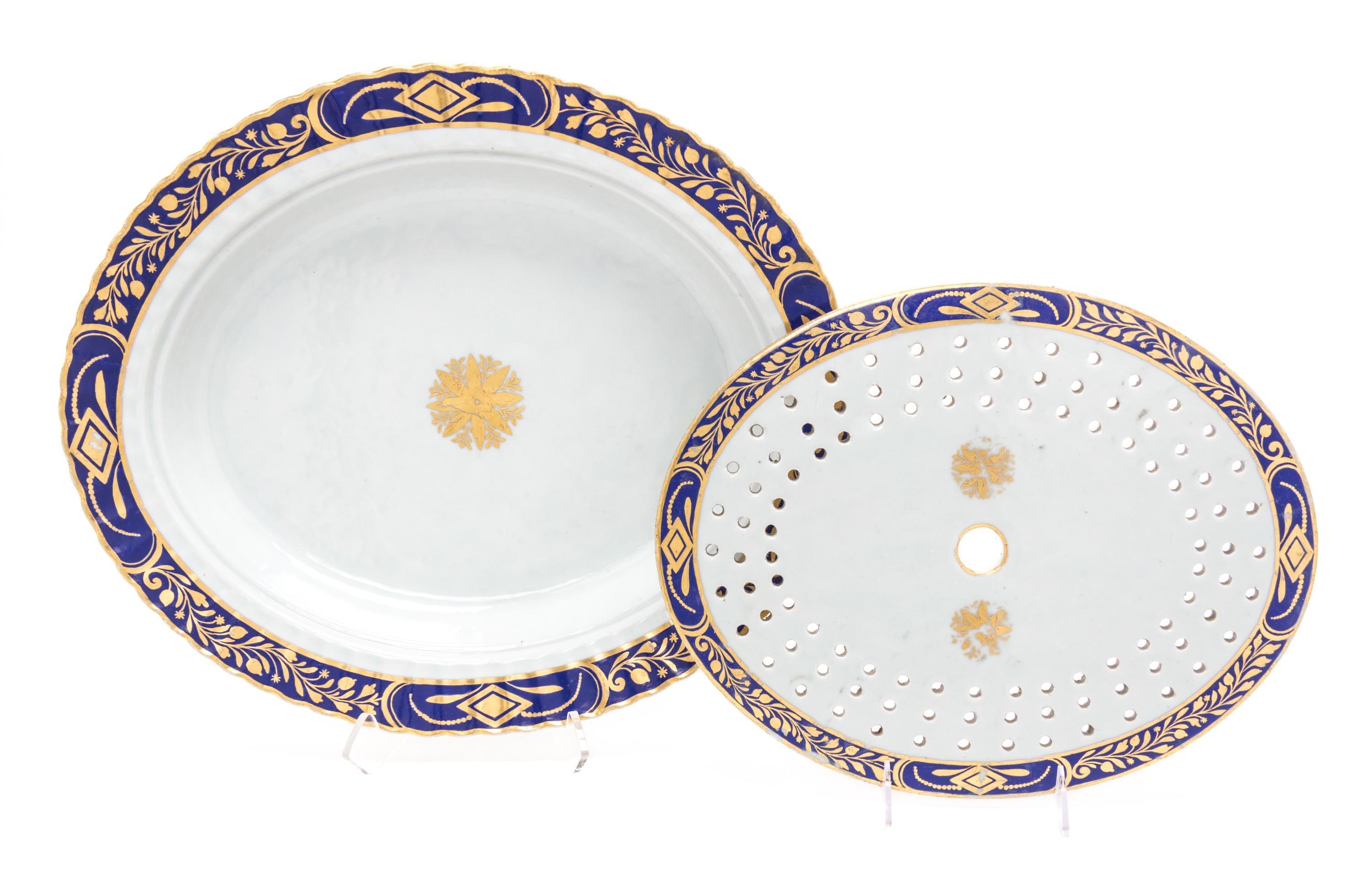 A Chinese Export Porcelain Mazarine Platter and Strainer Width 17 1/8 inches.