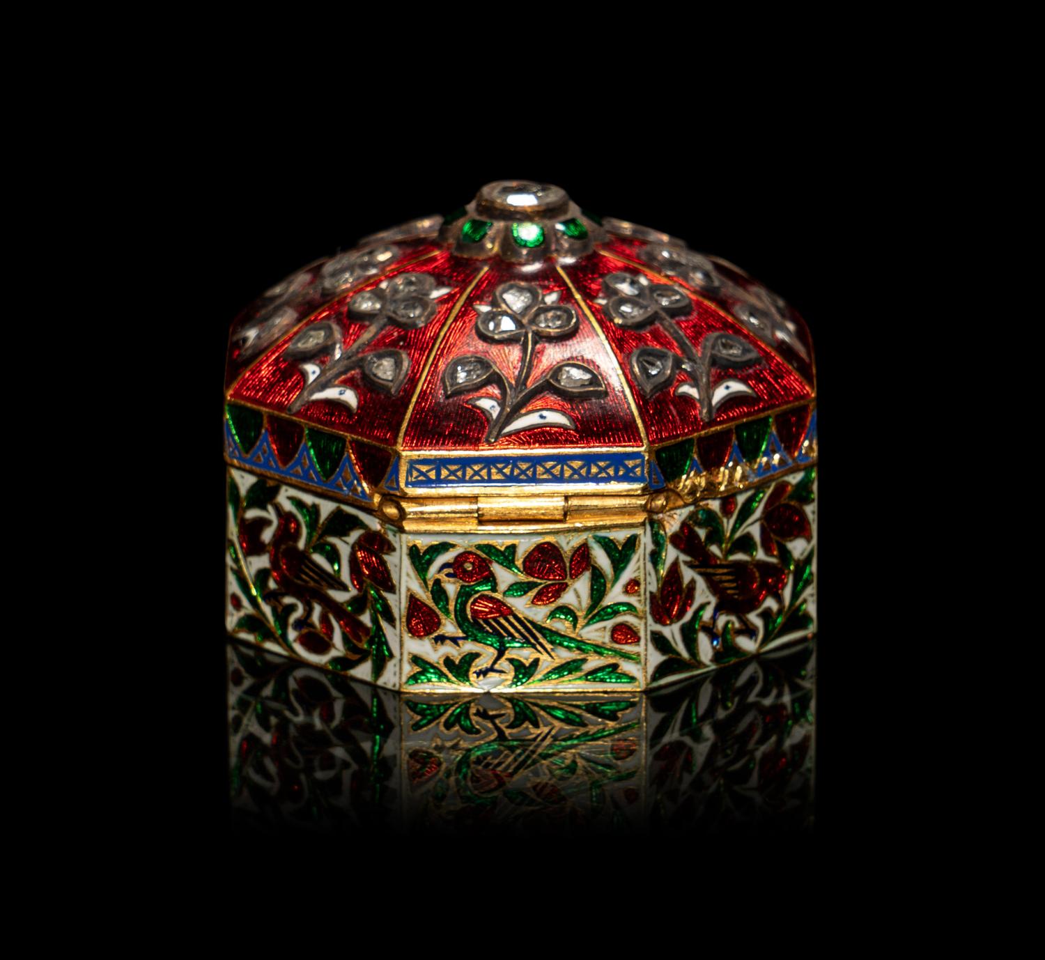 A Mughal Style Enameled Gold and Gem-Inset Snuff Box