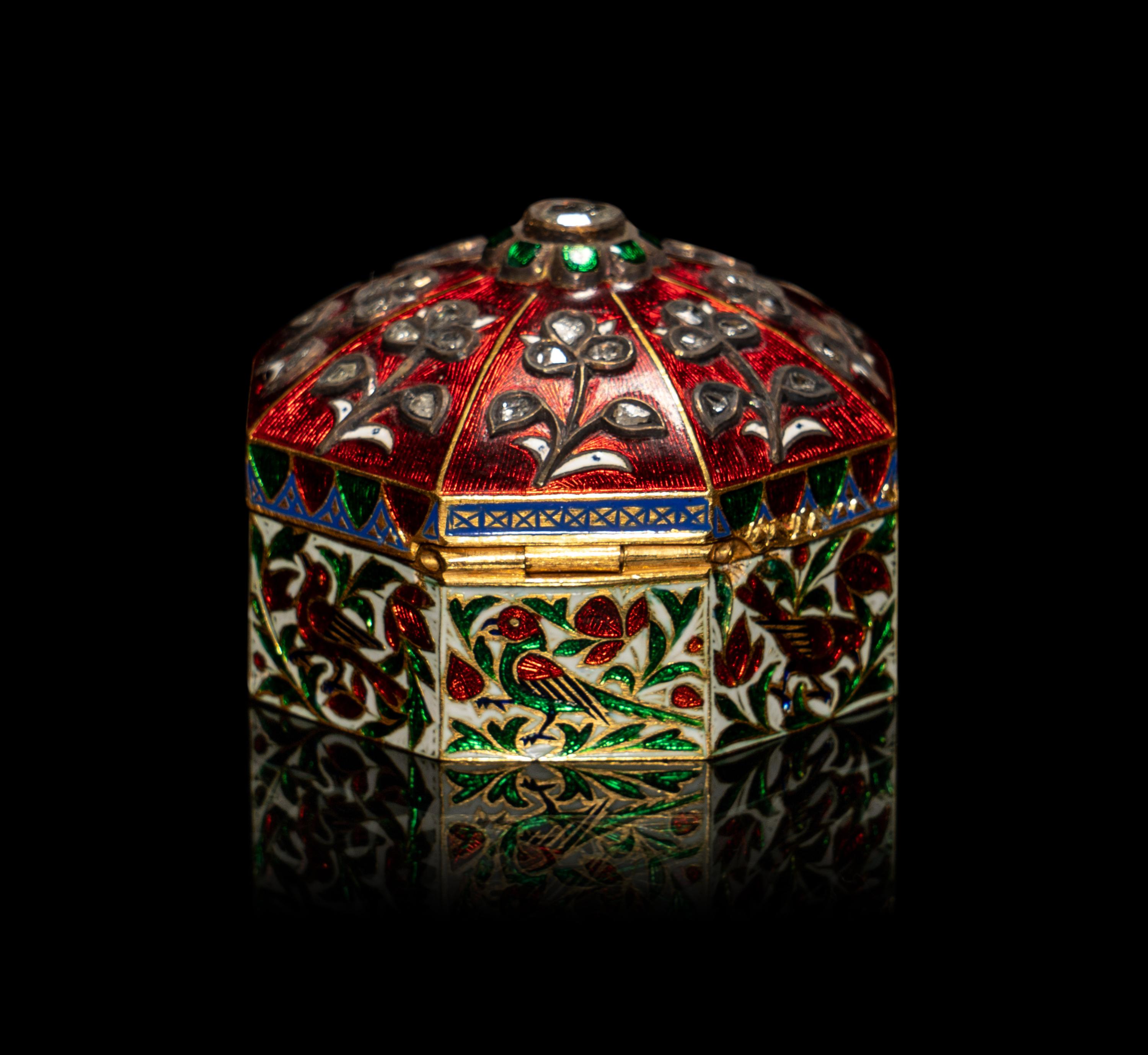 A Mughal Style Enameled Gold and Gem-Inset Snuff Box