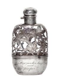 An American Silver Overlay Glass Flask, Alvin Manufacturing Corp., Providence, RI, Early 20th Century, of flattened form with hinged tw