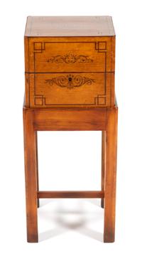 A Charles X Style Birds-Eye Maple Liqueur Chest on Stand Height 29 1/2 x width 12 3/4 x depth 12 3/4 inches. — 19TH CENTURY