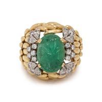 YELLOW GOLD, CARVED EMERALD AND DIAMOND RING