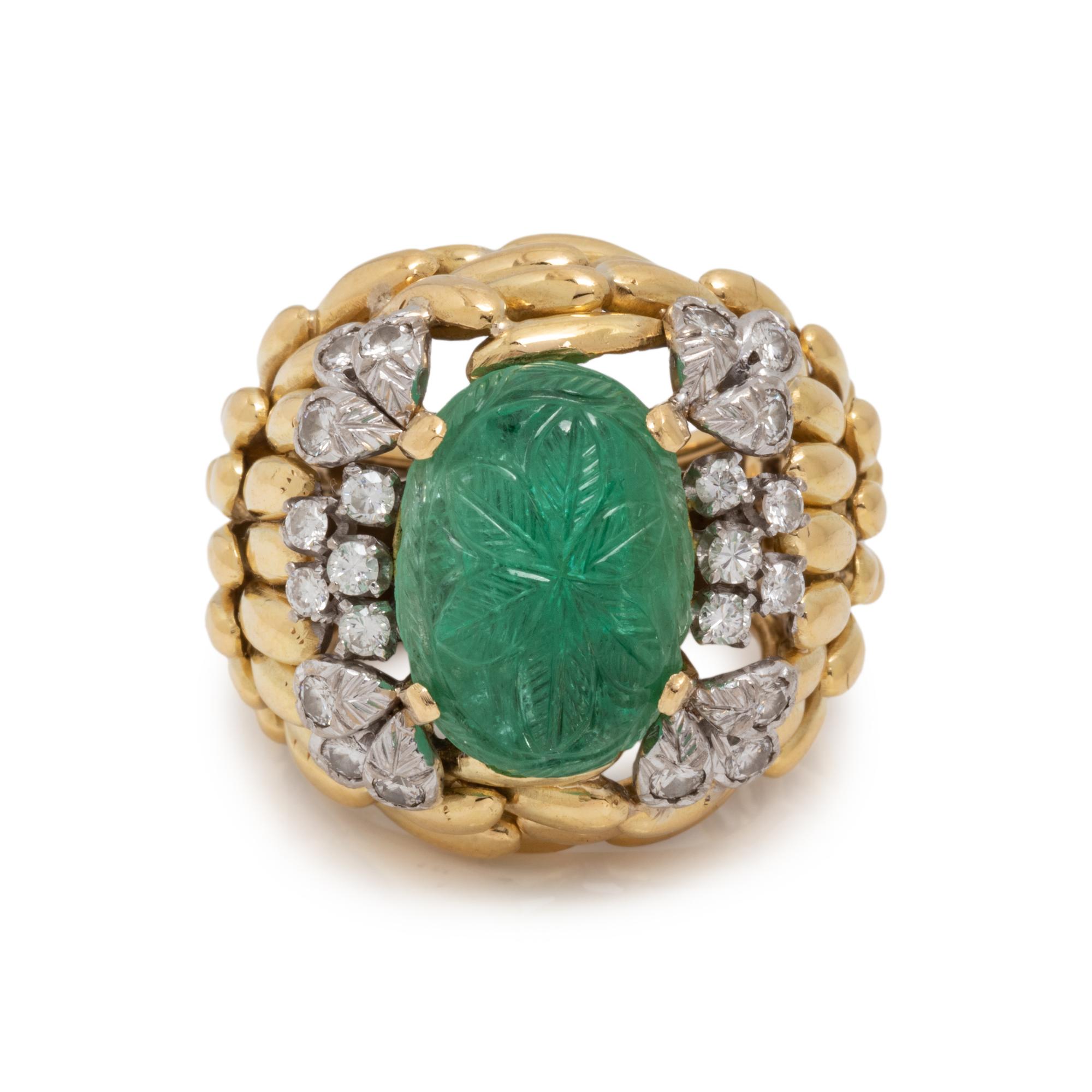 YELLOW GOLD, CARVED EMERALD AND DIAMOND RING