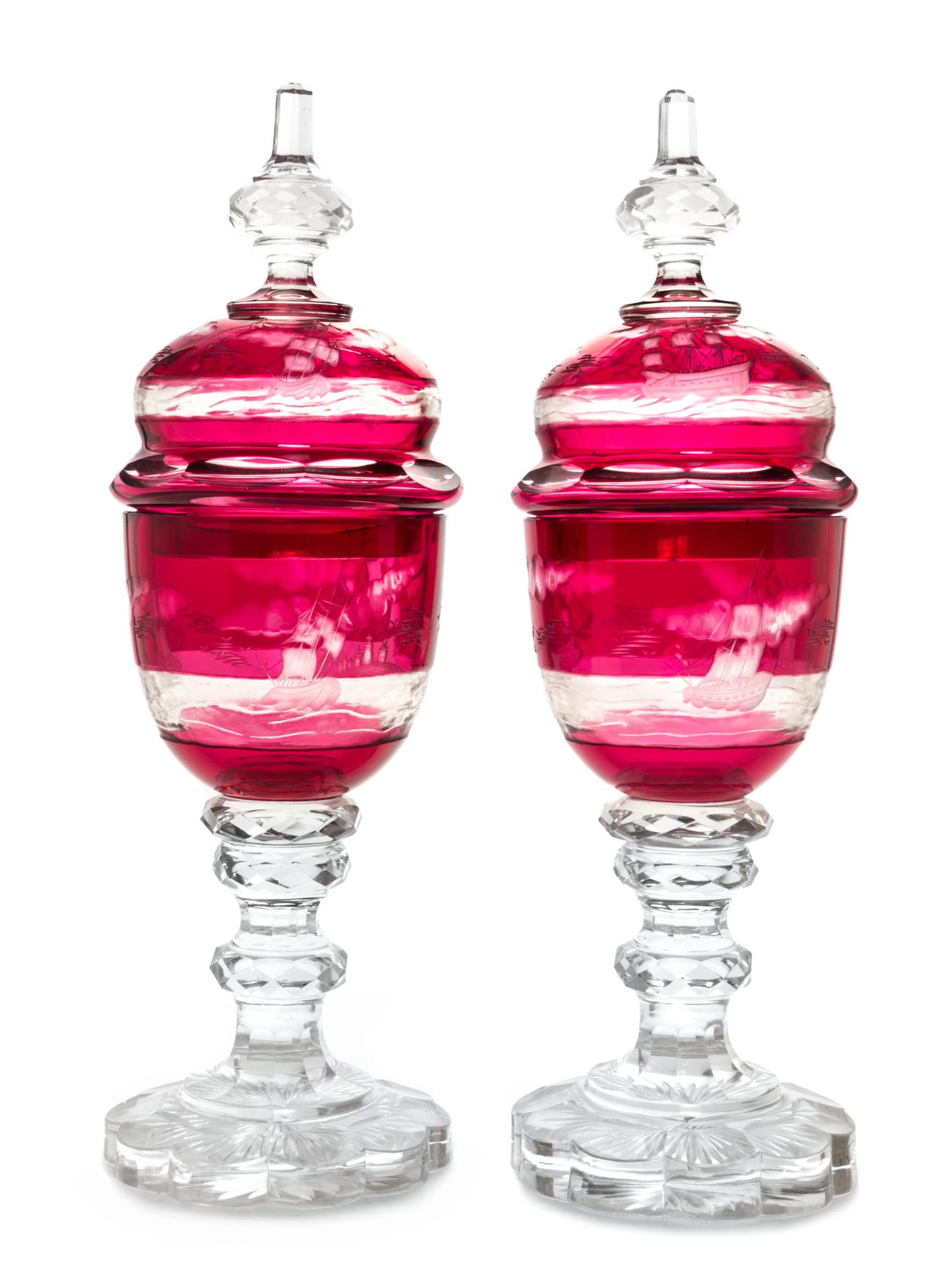 A Pair of Large Bohemian Ruby Cut to Clear Glass Deckelkopal Height 25 inches. — MID 19TH CENTURY