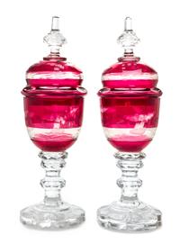 A Pair of Large Bohemian Ruby Cut to Clear Glass Deckelkopal Height 25 inches. — MID 19TH CENTURY