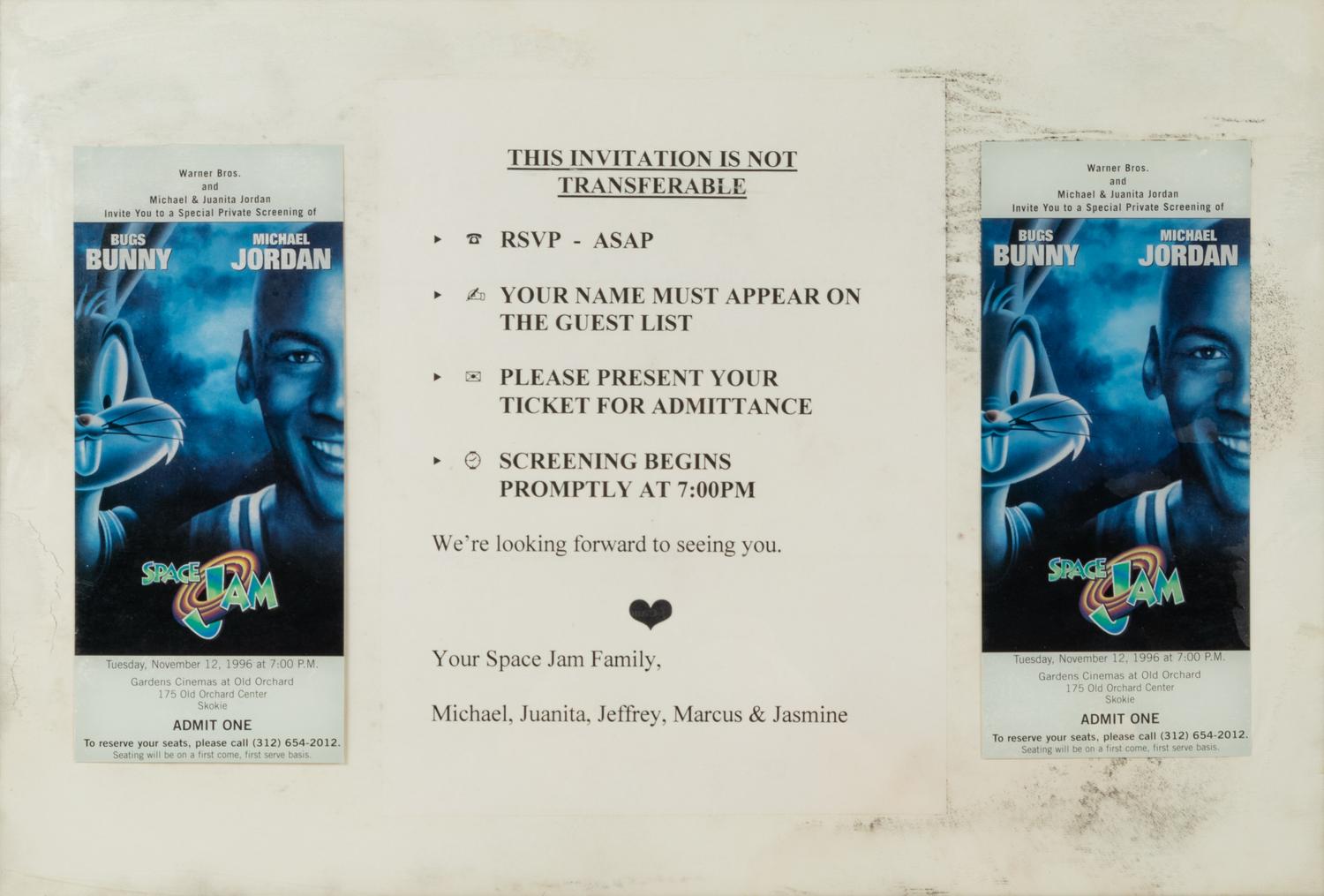 A Michael Jordan Signed Autograph Upper Deck Print and Family Invitation / Tickets to Space Jam Premiere,